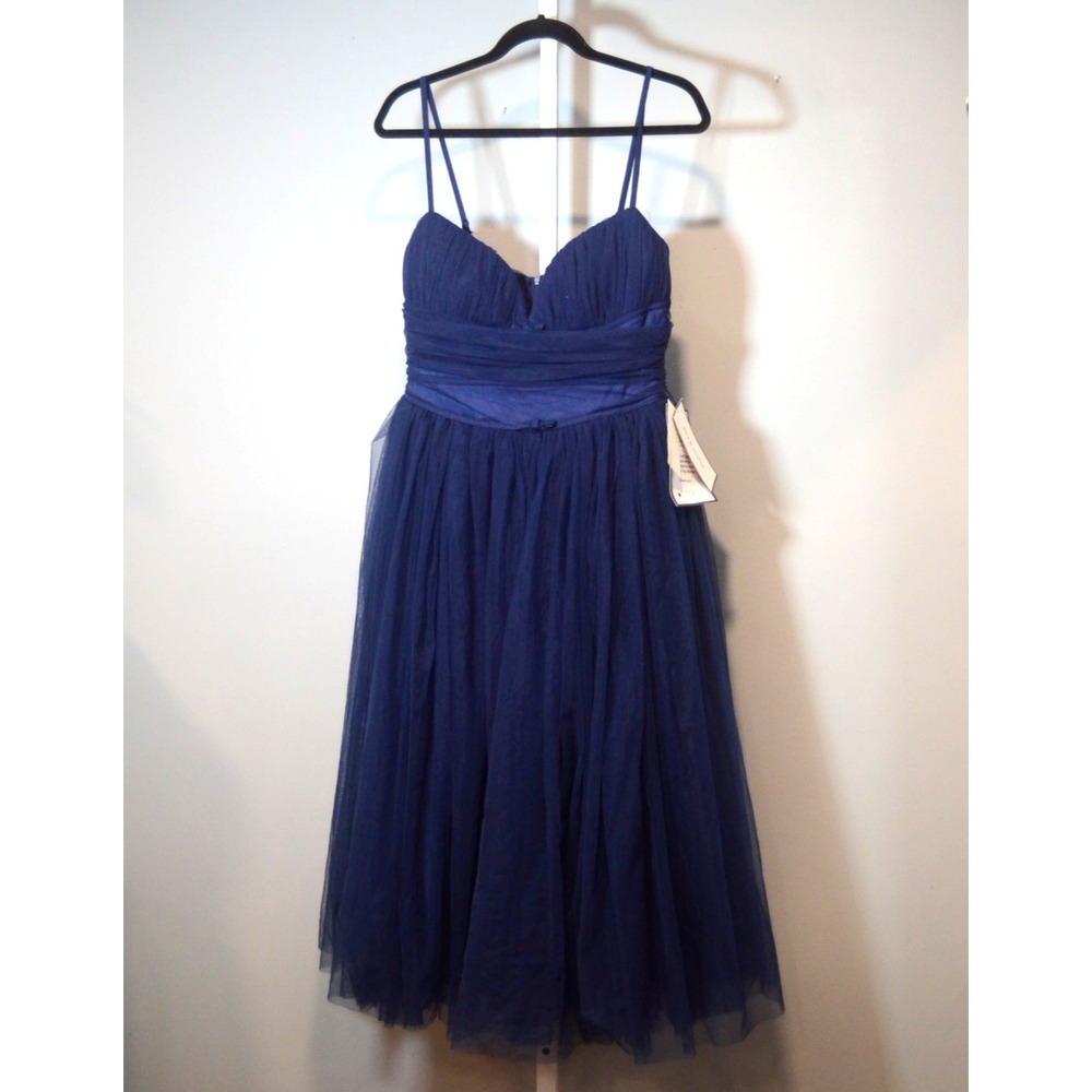 NEW Alex & Sophia 11/12 Navy Tulle Tea Length Sweetheart Neckline Ruched HOCO